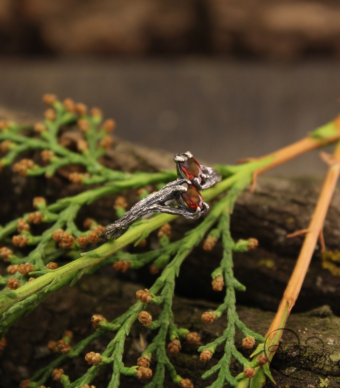 Two Oval Garnets Tiny Silver Branch Engagement Ring