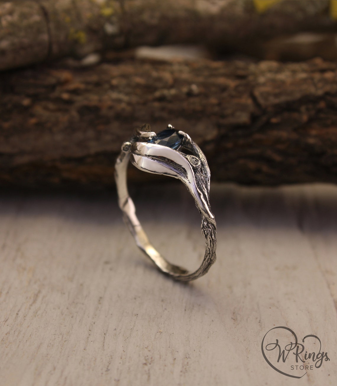 Tiny Silver Branch and Leaves with blue Topaz Engagement Ring