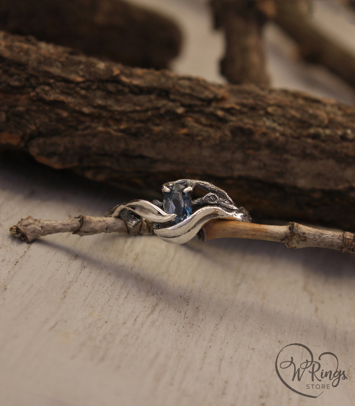 Tiny Silver Branch and Leaves with blue Topaz Engagement Ring