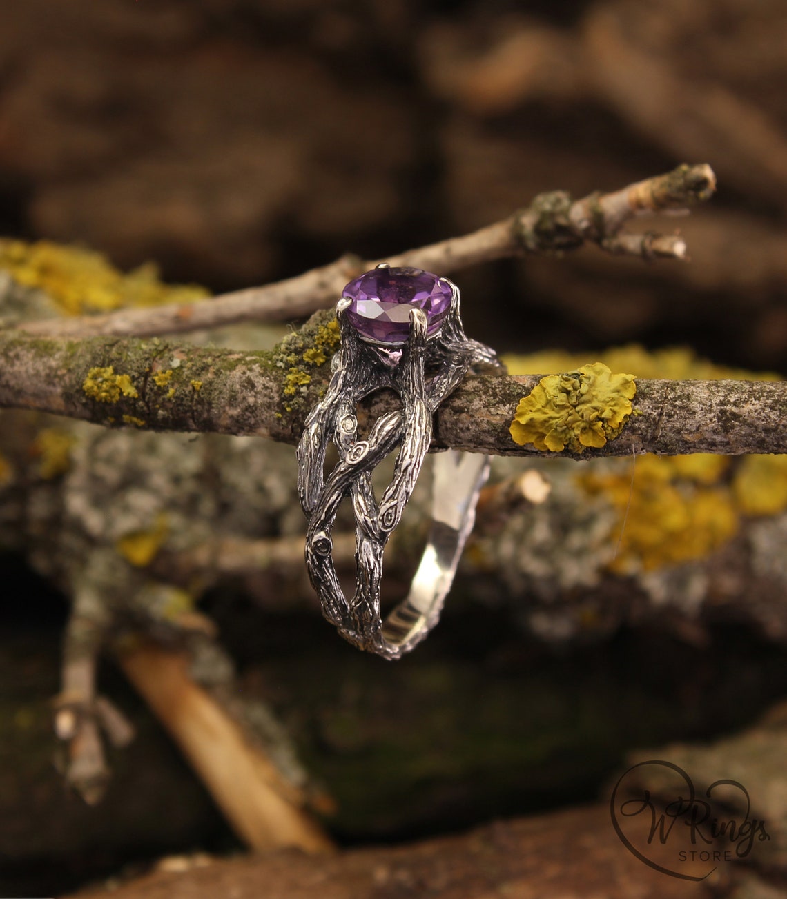 Twist Silver Twig Statement Amethyst Ring