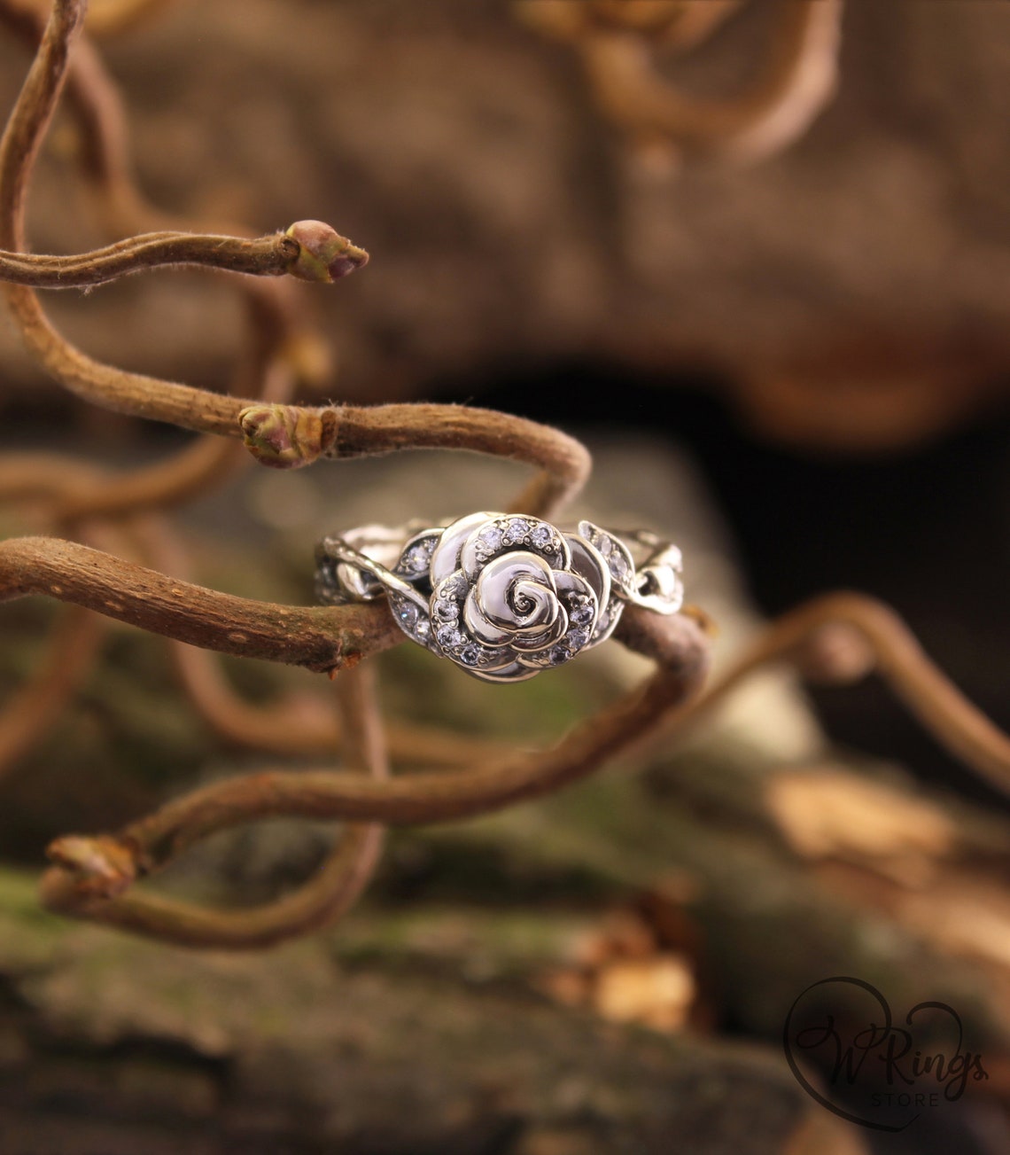 Delicate Rose in Silver Birth Flower Ring for Engagement