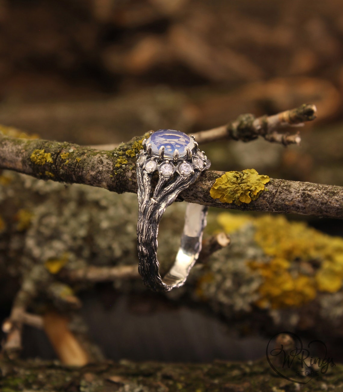 Halo Moonstone with CZ Engagement Ring and Silver Branch