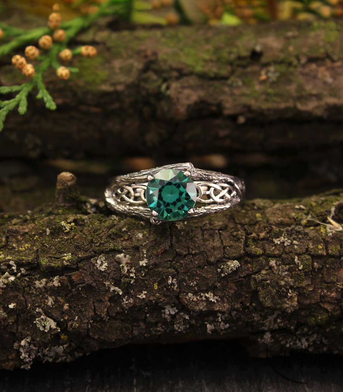 Silver Celtic Engagement Ring — Green Quartz and Tree bark