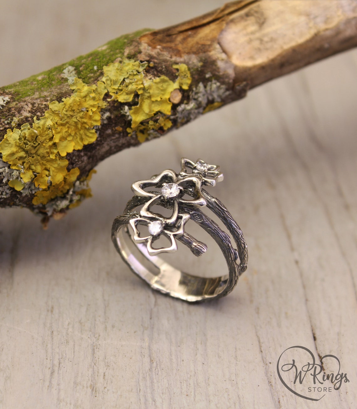 Triple Cubic Zirconia Trefoils on the Silver Branches Ring