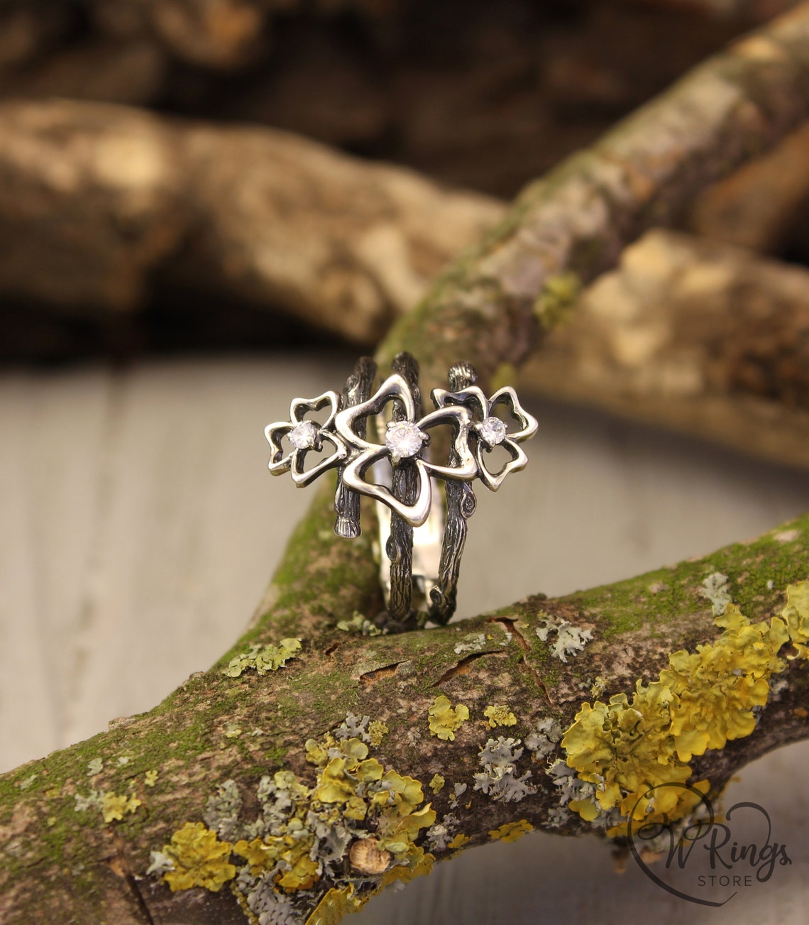 Triple Cubic Zirconia Trefoils on the Silver Branches Ring