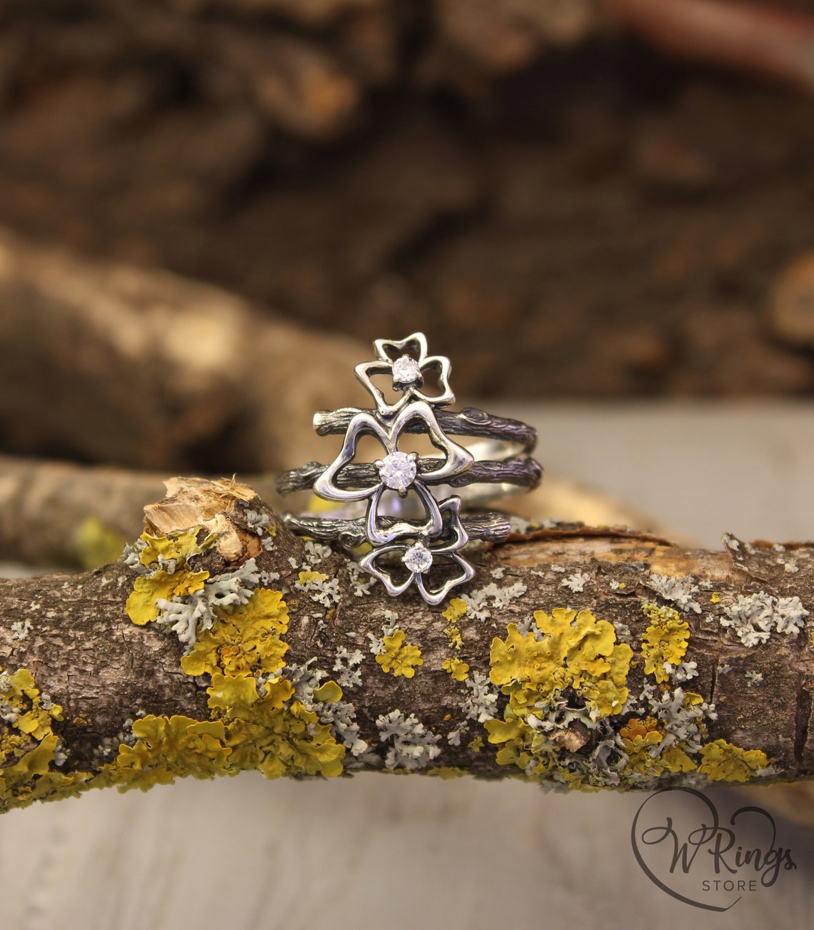 Triple Cubic Zirconia Trefoils on the Silver Branches Ring