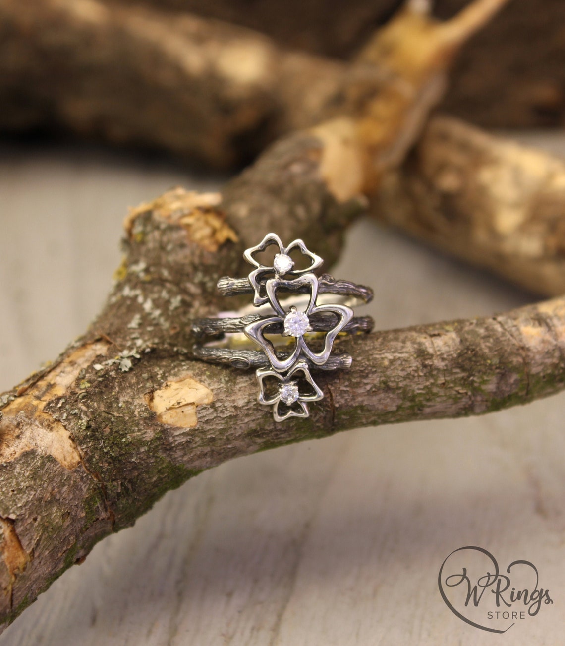 Triple Cubic Zirconia Trefoils on the Silver Branches Ring