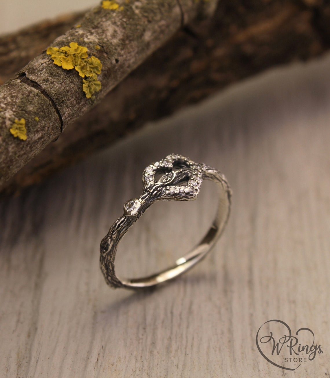 Sterling Silver Branch & Gems on Heart Engagement Ring