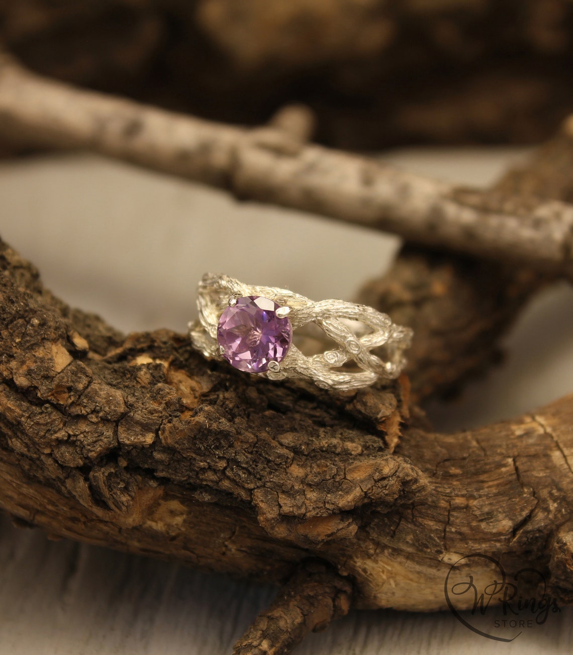 Twist Silver Twig Statement Amethyst Ring