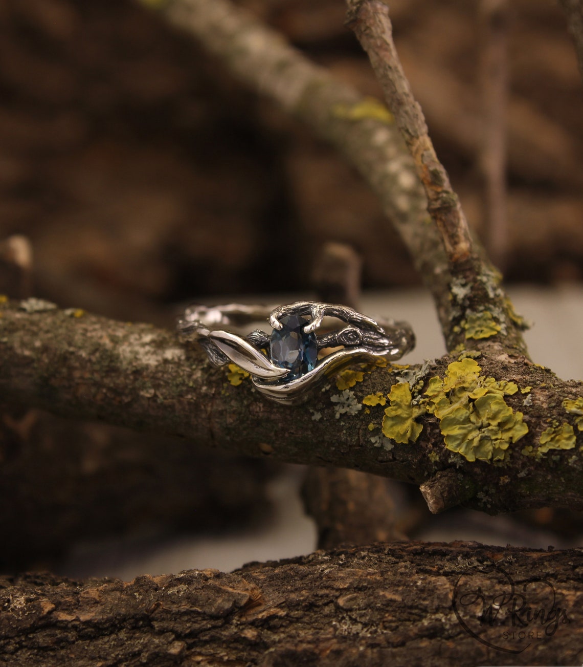 Tiny Silver Branch and Leaves with blue Topaz Engagement Ring