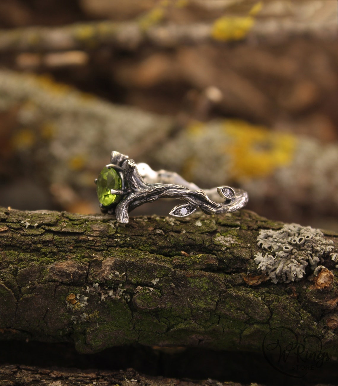 Large Peridot & Gems in Leaves Silver Twig Earthy Engagement Ring