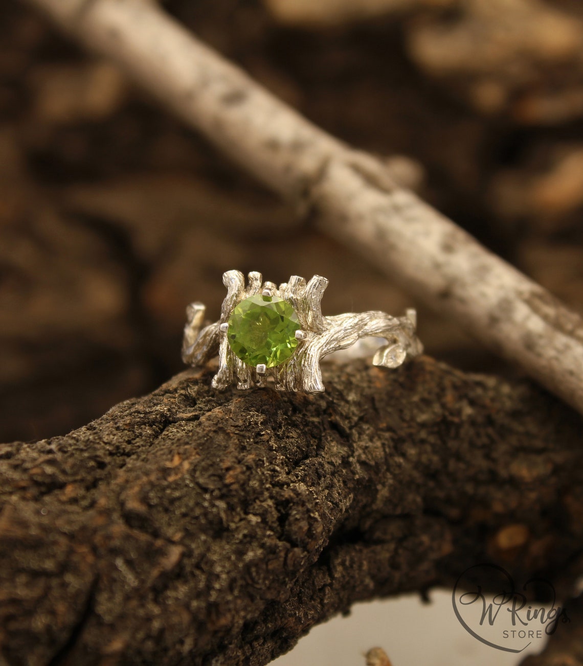 Large Peridot & Gems in Leaves Silver Twig Earthy Engagement Ring