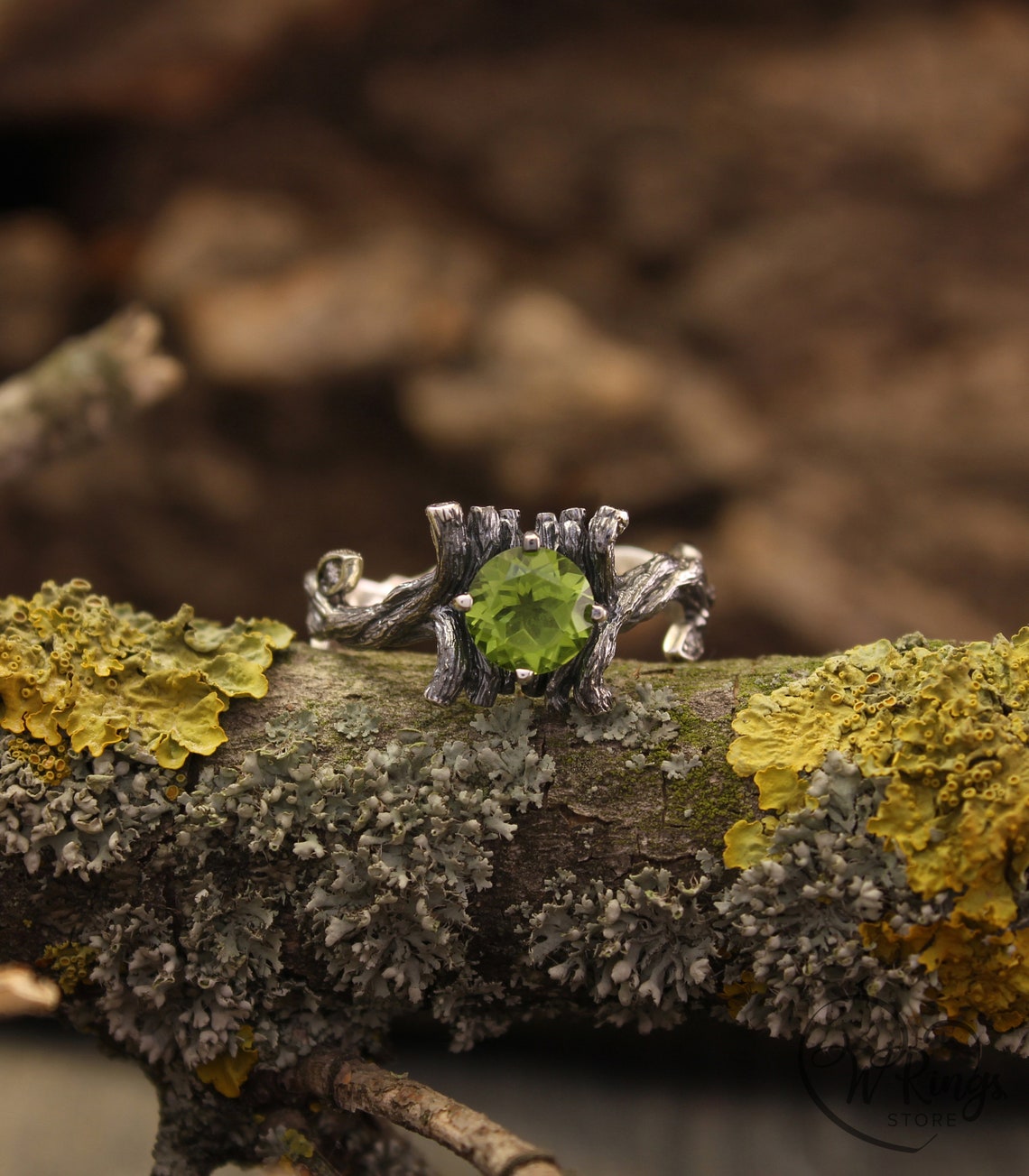 Large Peridot & Gems in Leaves Silver Twig Earthy Engagement Ring