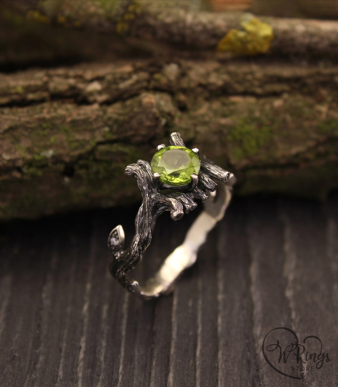 Large Peridot & Gems in Leaves Silver Twig Earthy Engagement Ring