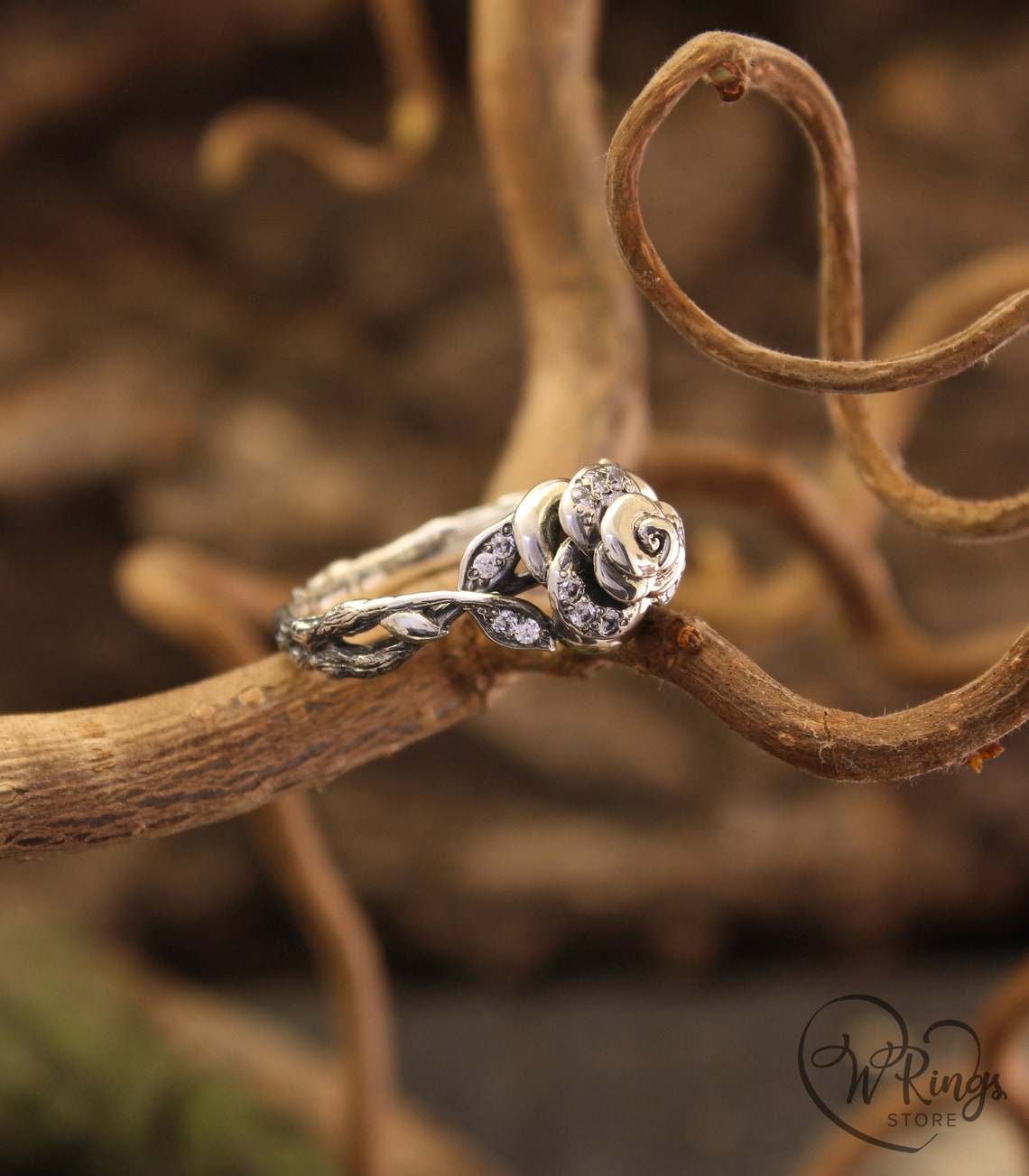 Delicate Rose in Silver Birth Flower Ring for Engagement