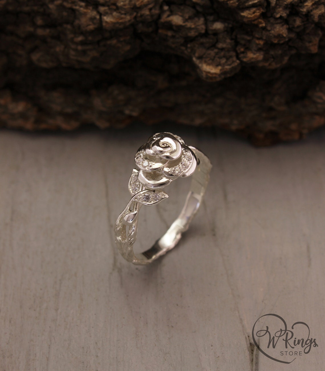 Delicate Rose in Silver Birth Flower Ring for Engagement