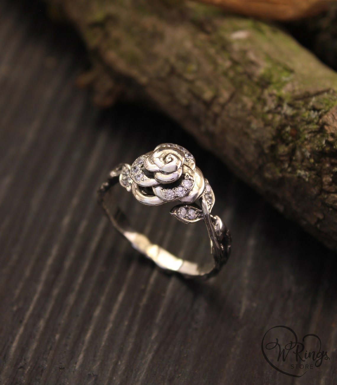 Delicate Rose in Silver Birth Flower Ring for Engagement