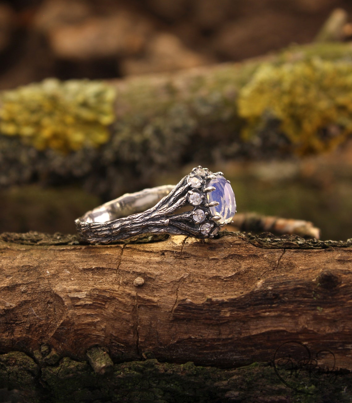 Halo Moonstone with CZ Engagement Ring and Silver Branch