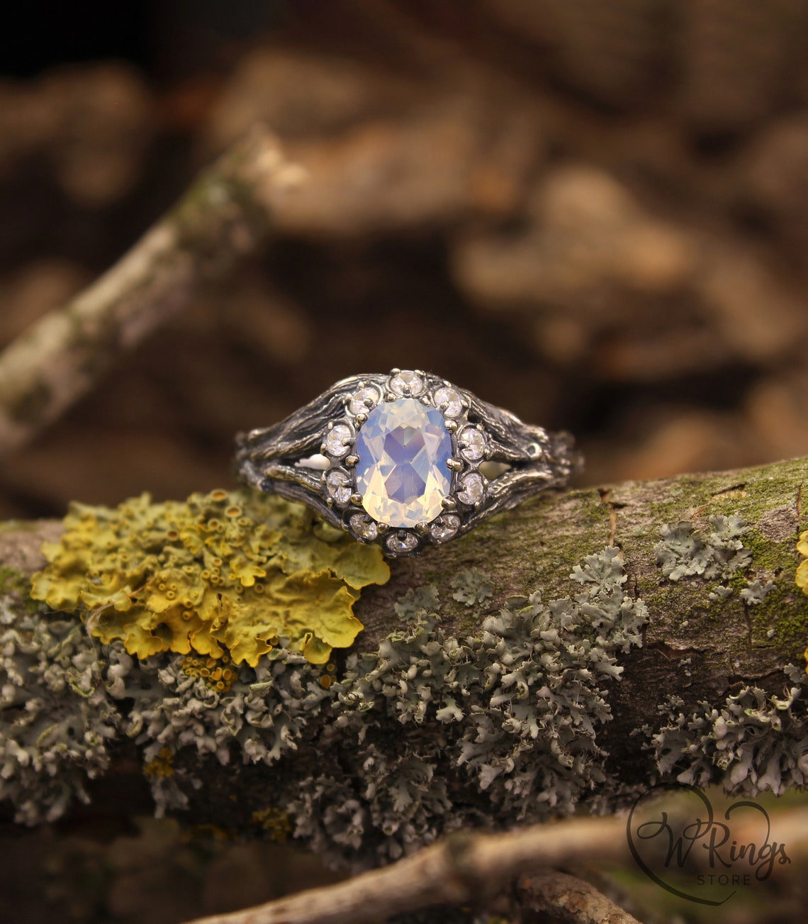 Halo Moonstone with CZ Engagement Ring and Silver Branch