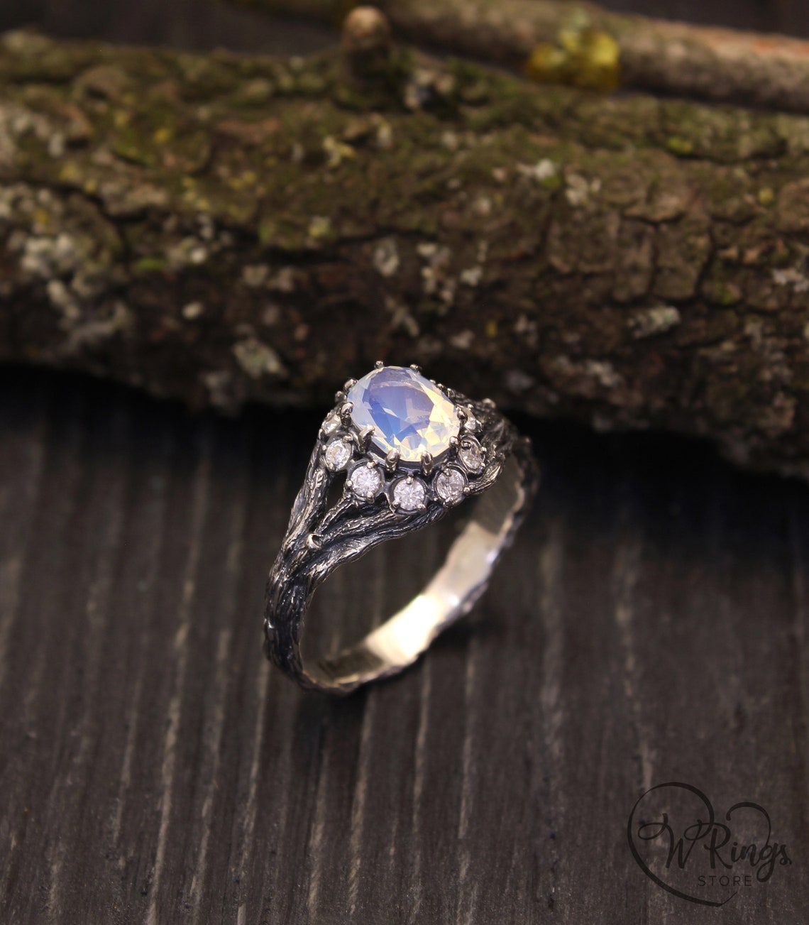 Halo Moonstone with CZ Engagement Ring and Silver Branch