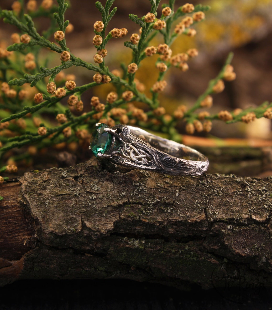 Silver Celtic Engagement Ring — Green Quartz and Tree bark