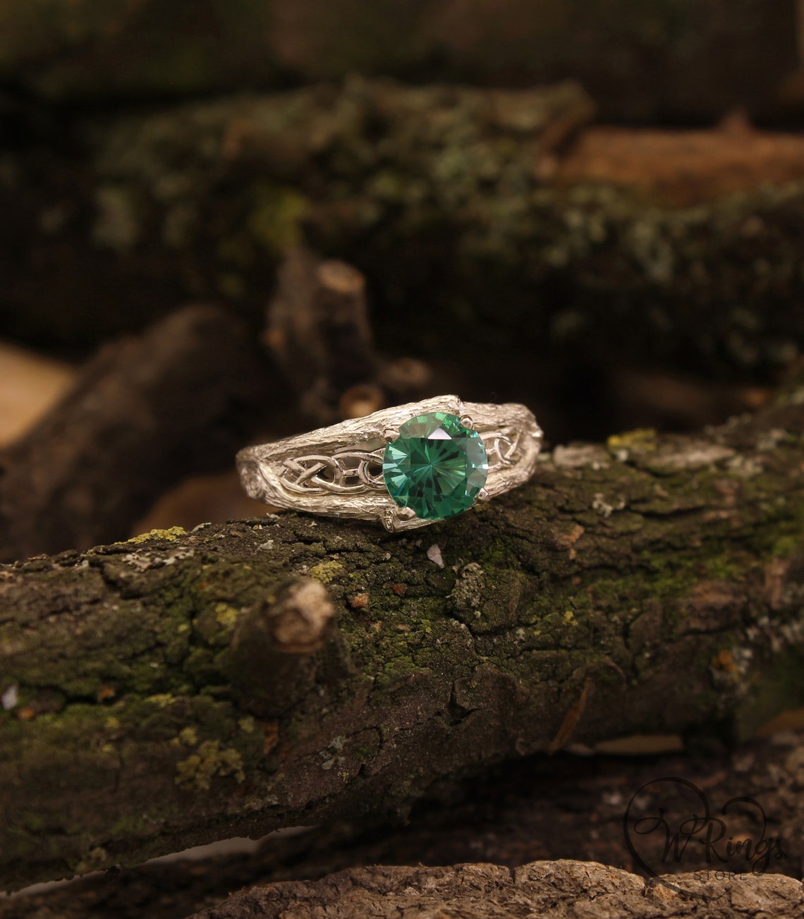 Silver Celtic Engagement Ring — Green Quartz and Tree bark