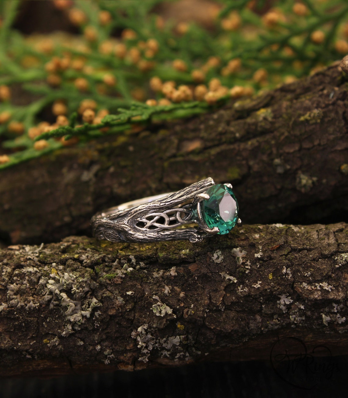 Silver Celtic Engagement Ring — Green Quartz and Tree bark