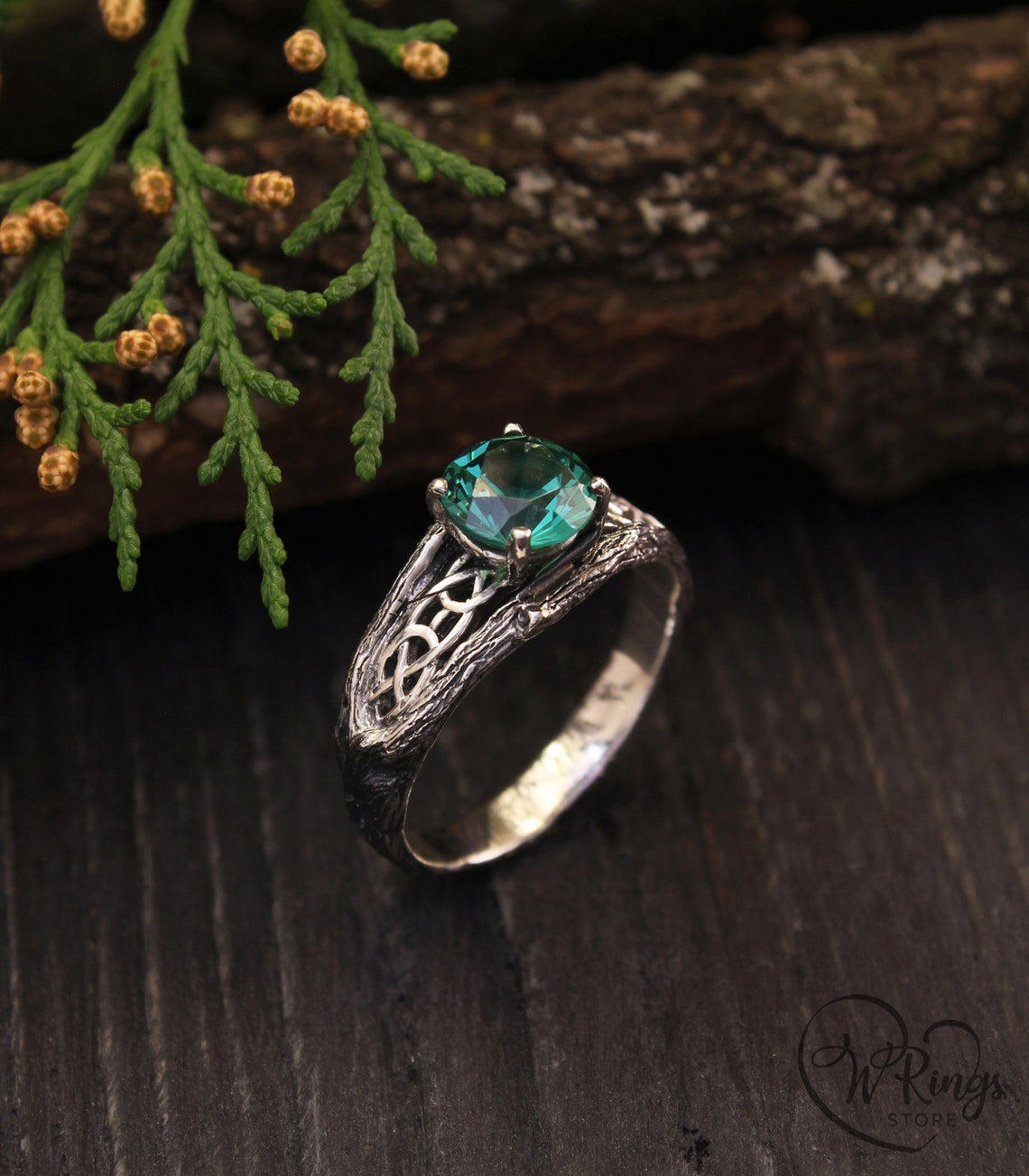 Silver Celtic Engagement Ring — Green Quartz and Tree bark