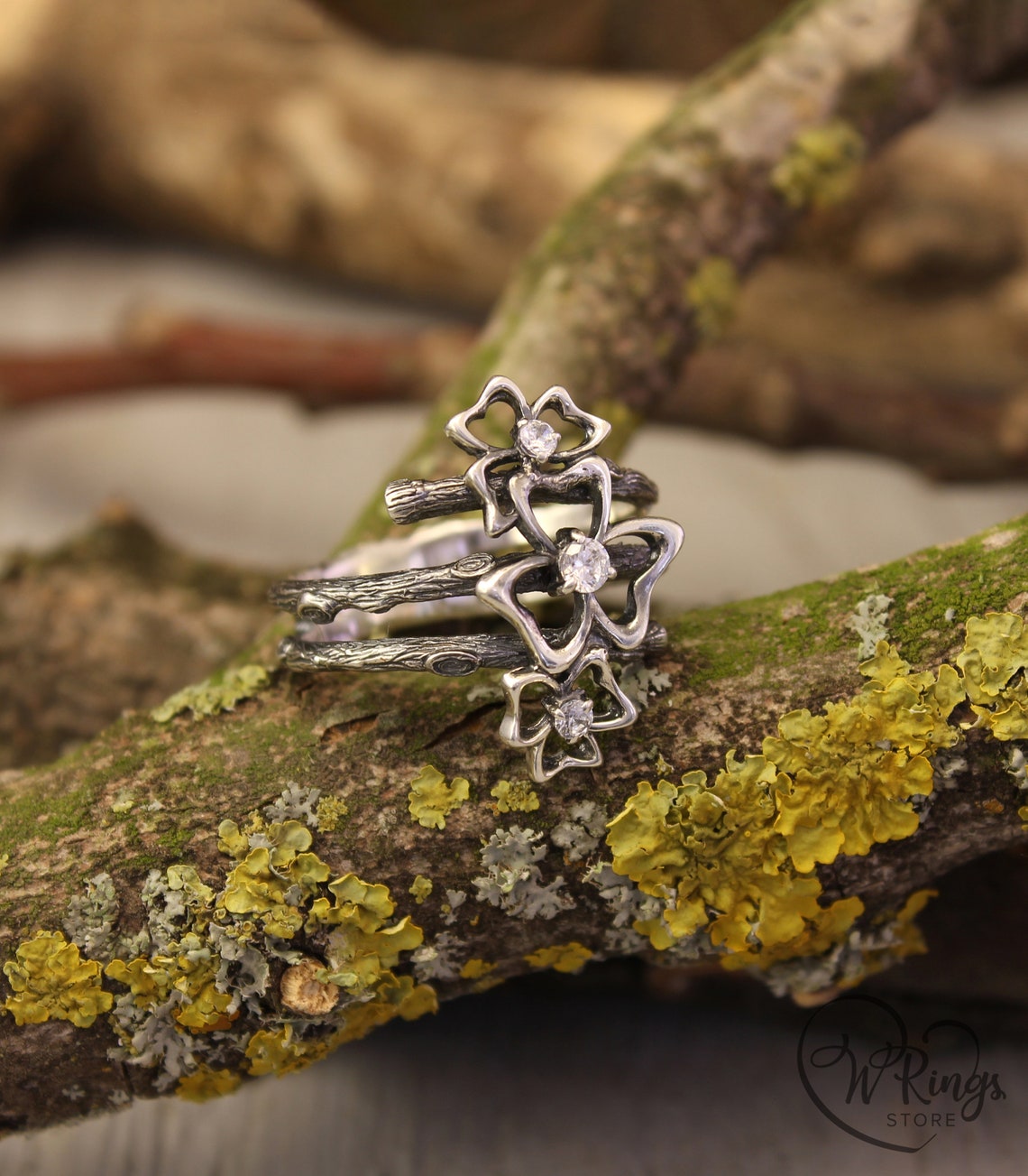 Triple Cubic Zirconia Trefoils on the Silver Branches Ring