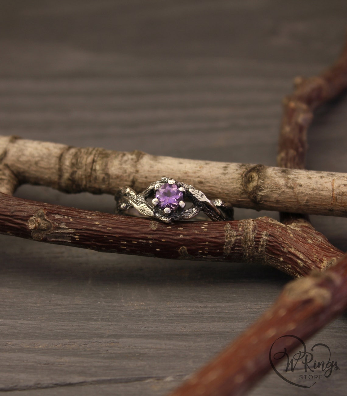 Unique double braided Silver Branch Ring with Natural Amethyst