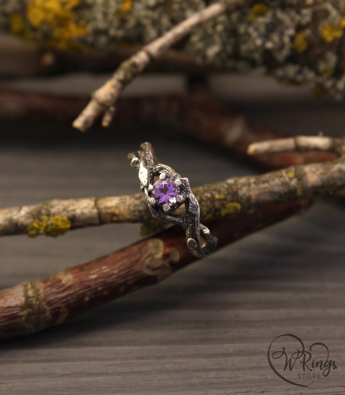 Unique double braided Silver Branch Ring with Natural Amethyst