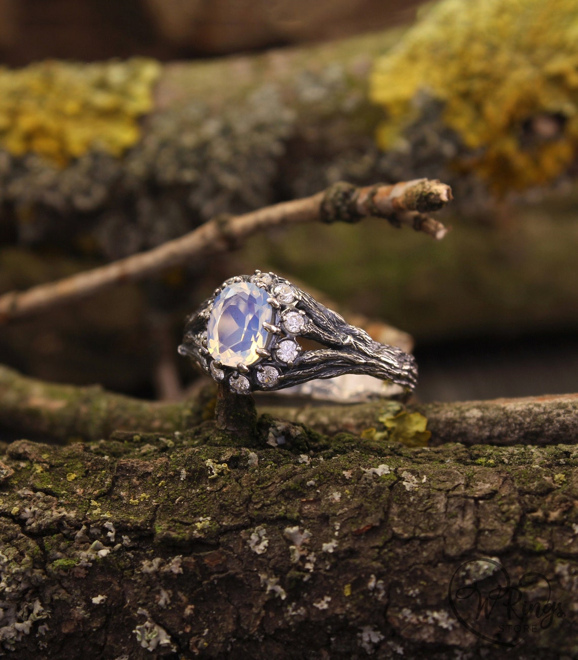 Halo Moonstone with CZ Engagement Ring and Silver Branch