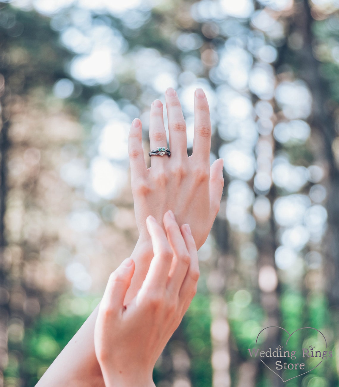 Owl on the Branch Silver Engagement Ring with Emeralds