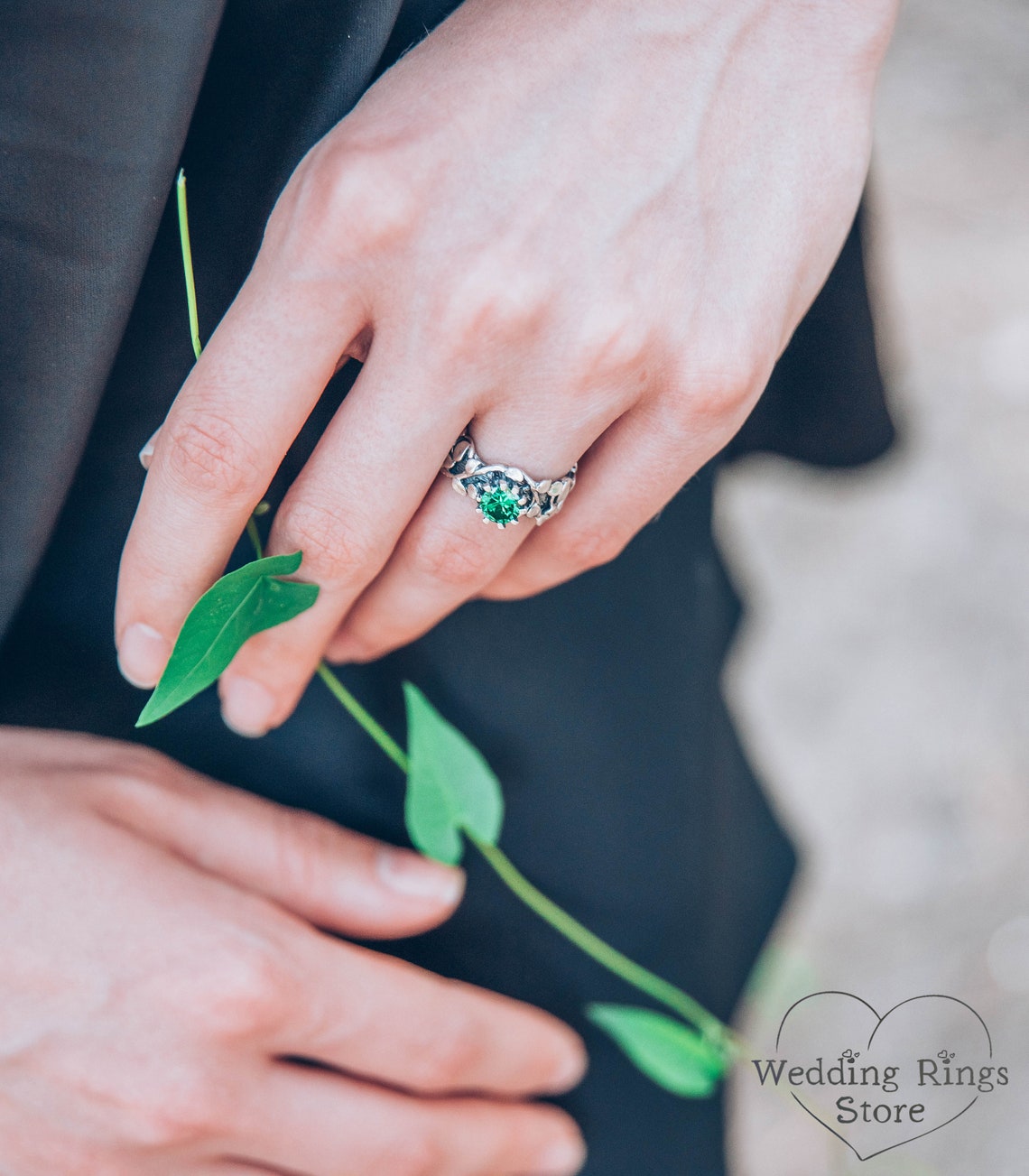 Silver Twig and many Leaves Engagement Ring with Emerald