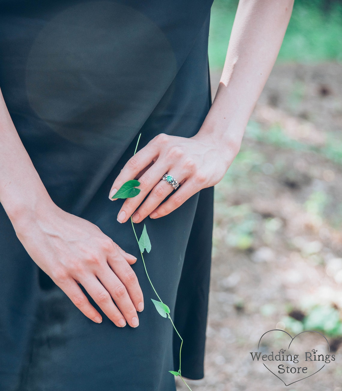 Silver Twig and many Leaves Engagement Ring with Emerald