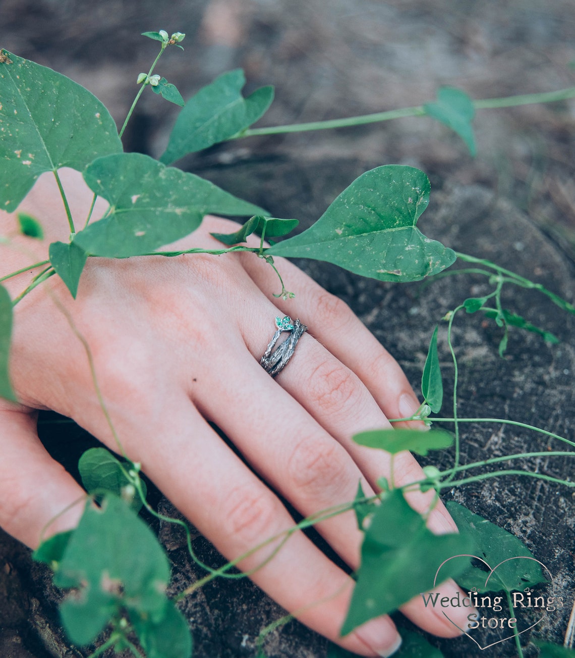 Tiny Emeralds in the Leaf Silver Twig Engagement Ring