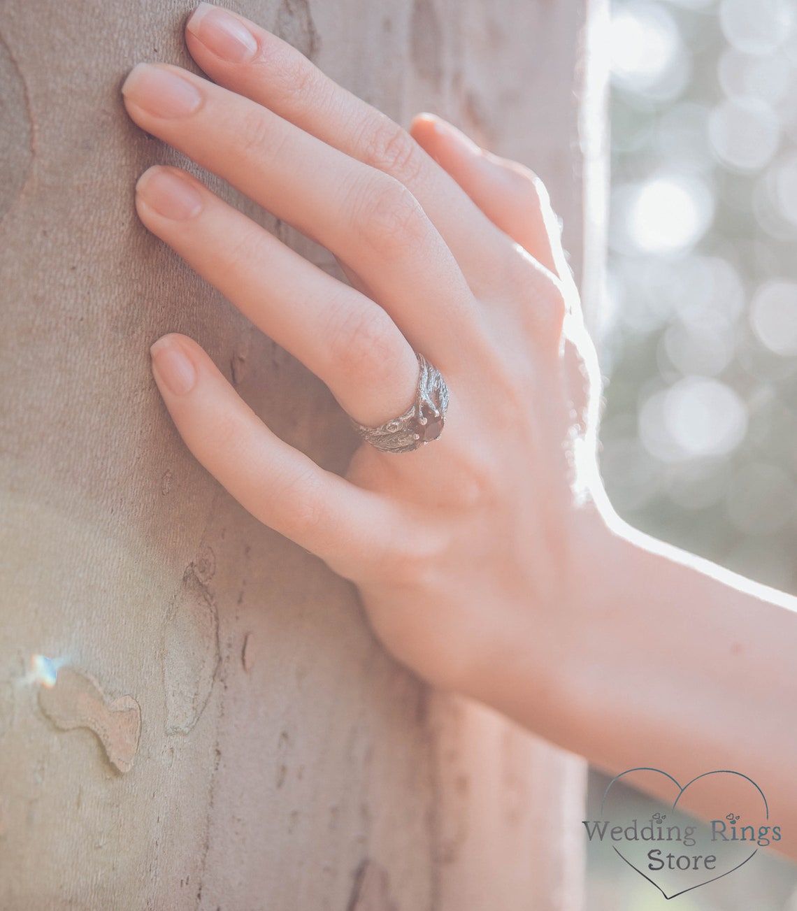 Garnet Engagement Ring with Fine Silver Branches