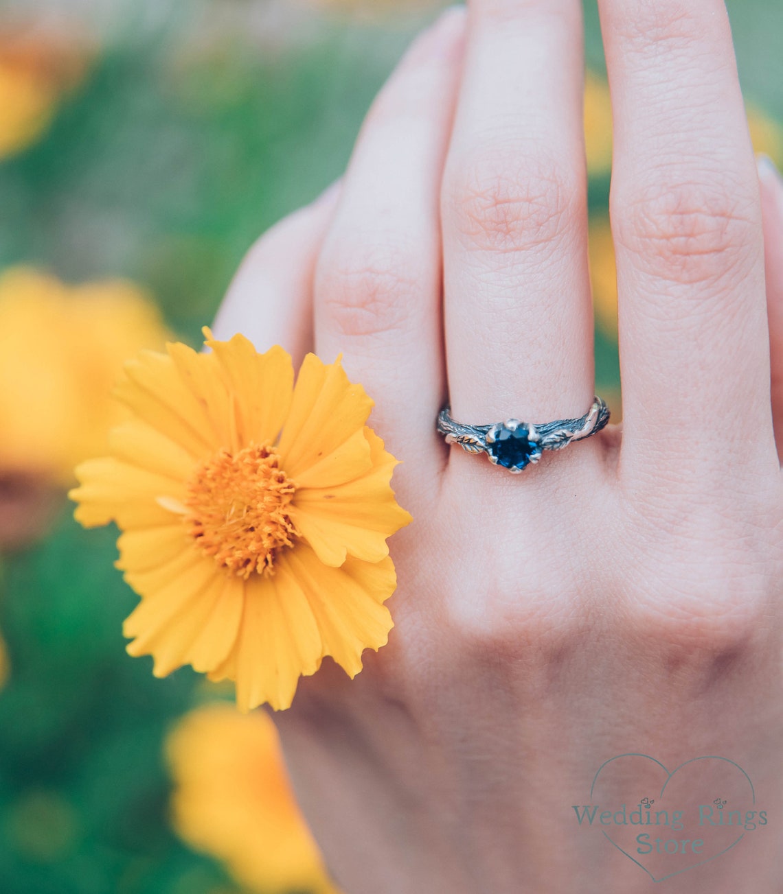 Sparkling Topaz & Leaves on Branch Silver Engagement Ring