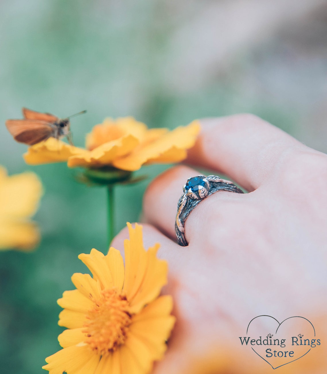 Sparkling Topaz & Leaves on Branch Silver Engagement Ring