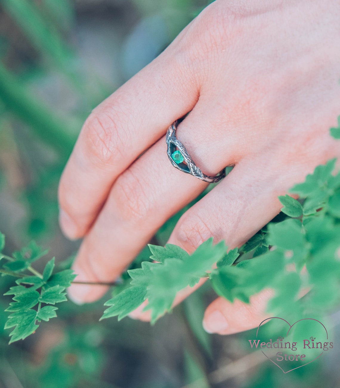 Small Twig and Leaves — Tiny Emerald Engagement Ring