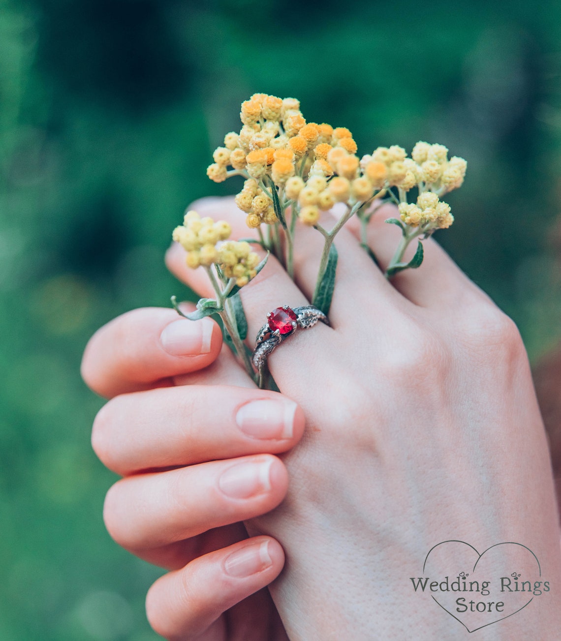 Ruby Engagement Ring with Side Stones and Oak Leaves on Twig