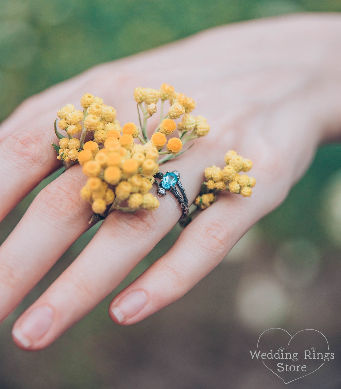 Tiny Split Branch Topaz Engagement Ring with Side Stones