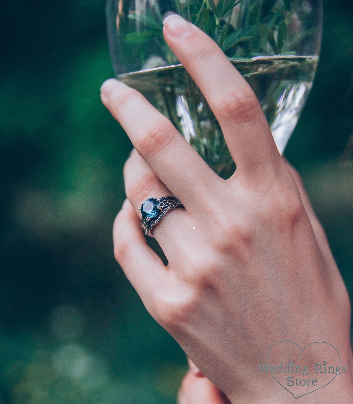 Silver Celtic Engagement Ring — Green Quartz and Tree bark