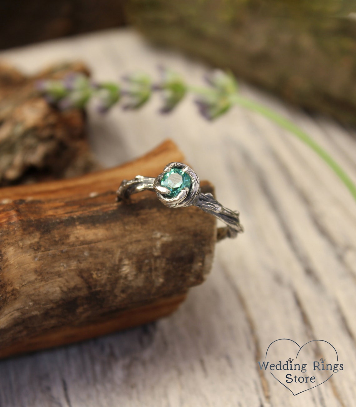 Green Quartz & Silver Nature inspired braided Twig Ring