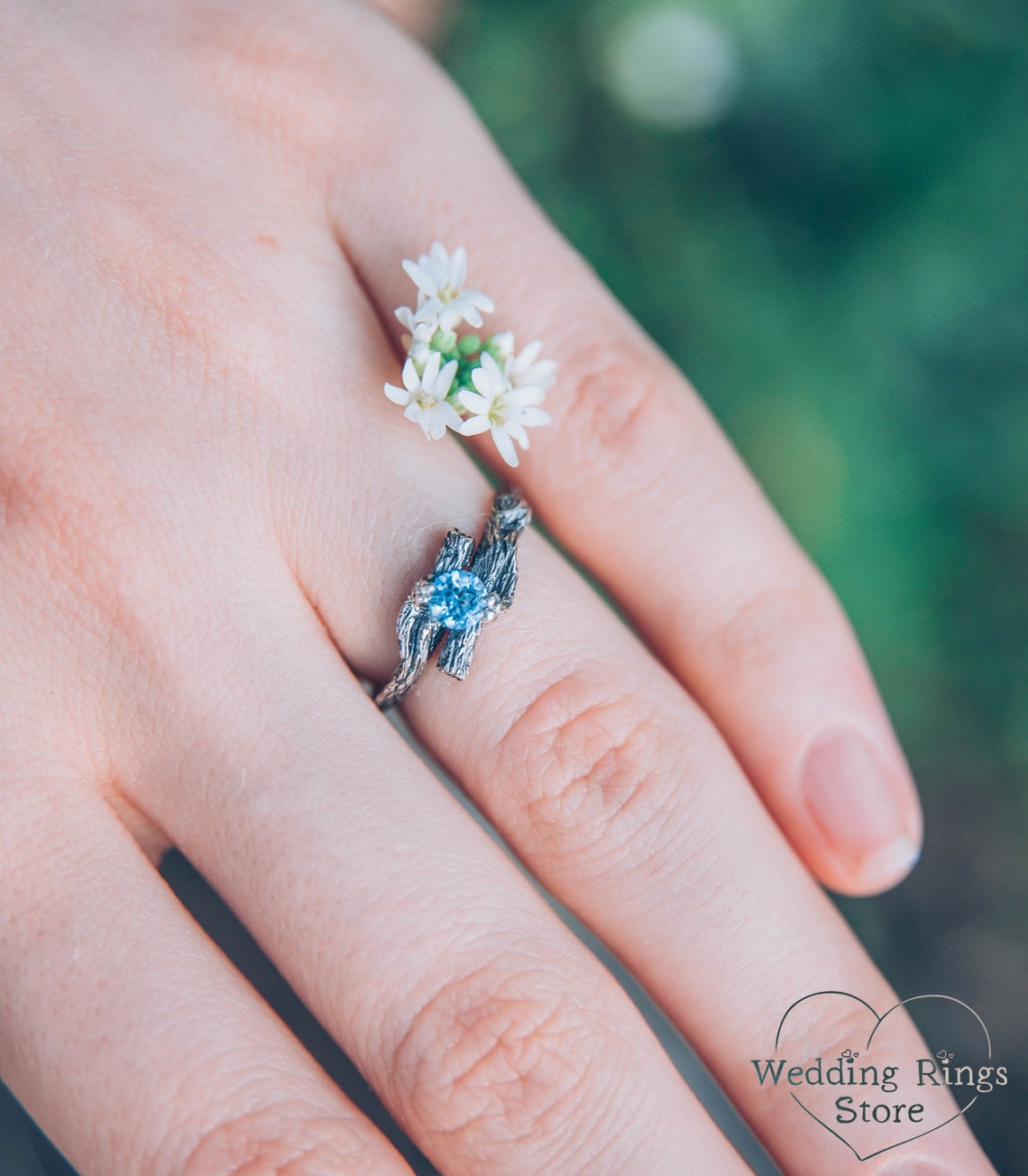 Two Silver Branches with Topaz Engagement Ring