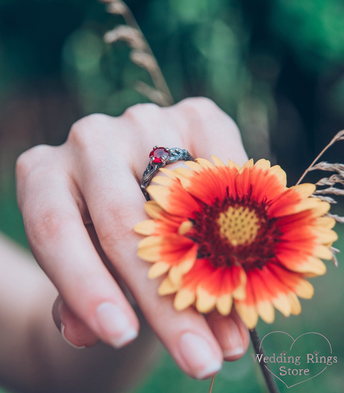 Sparkling Ruby Engagement Ring with Split Silver Twig