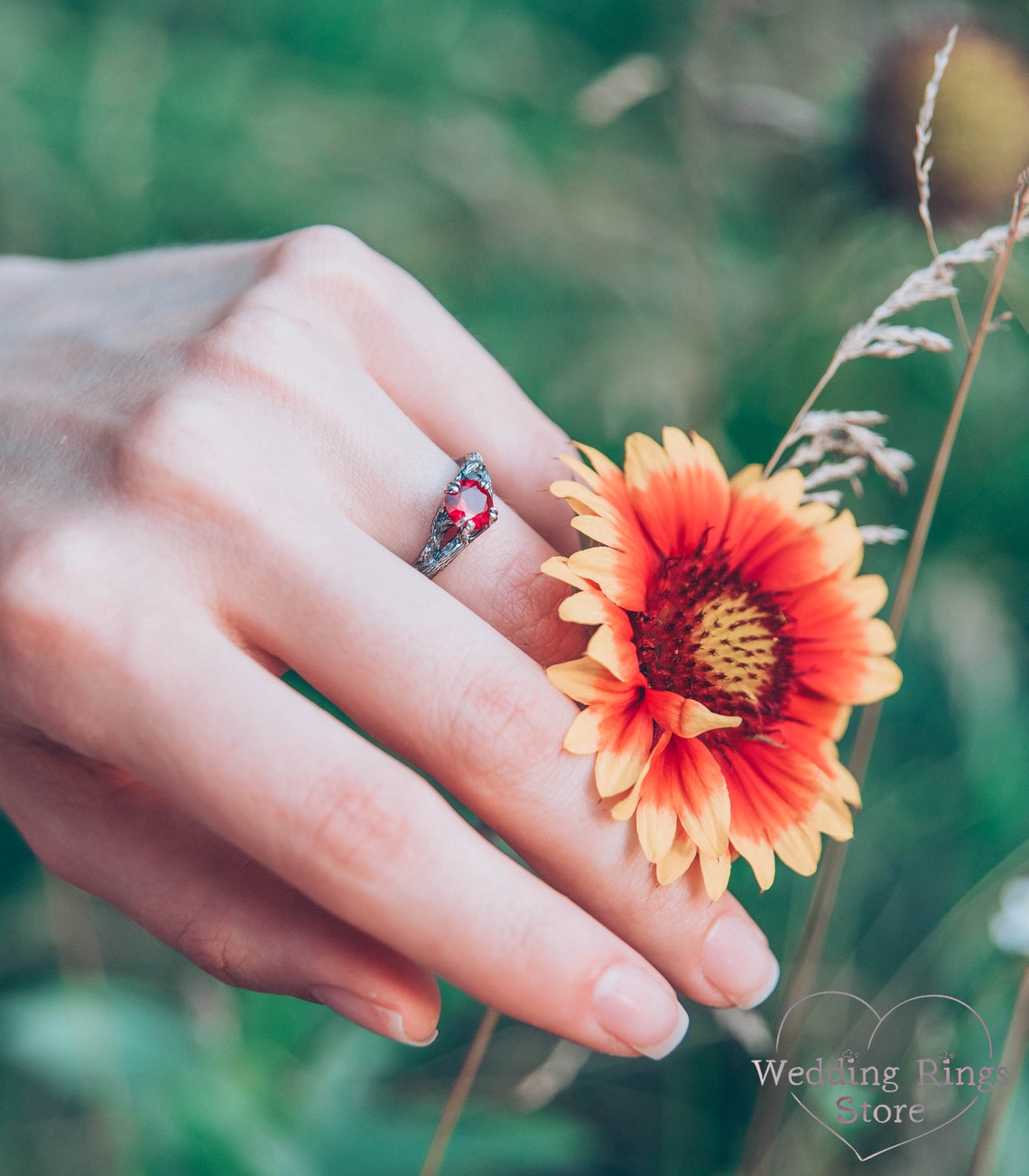 Sparkling Ruby Engagement Ring with Split Silver Twig