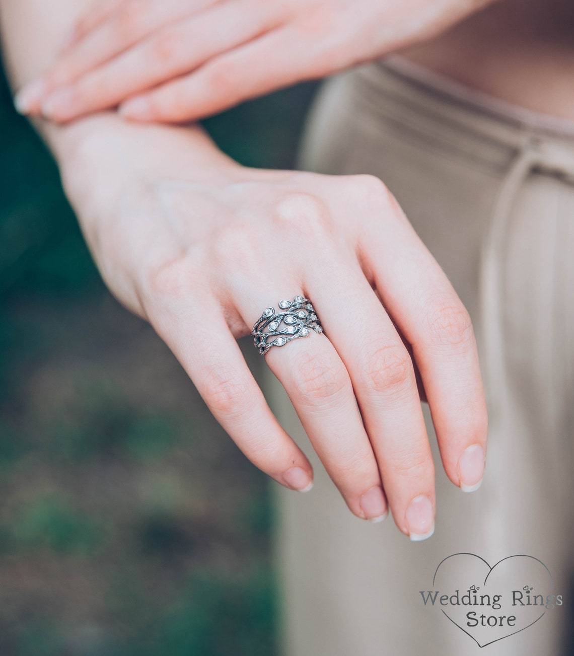 Wide Braided Branch Silver Womens Ring inspired by Nature