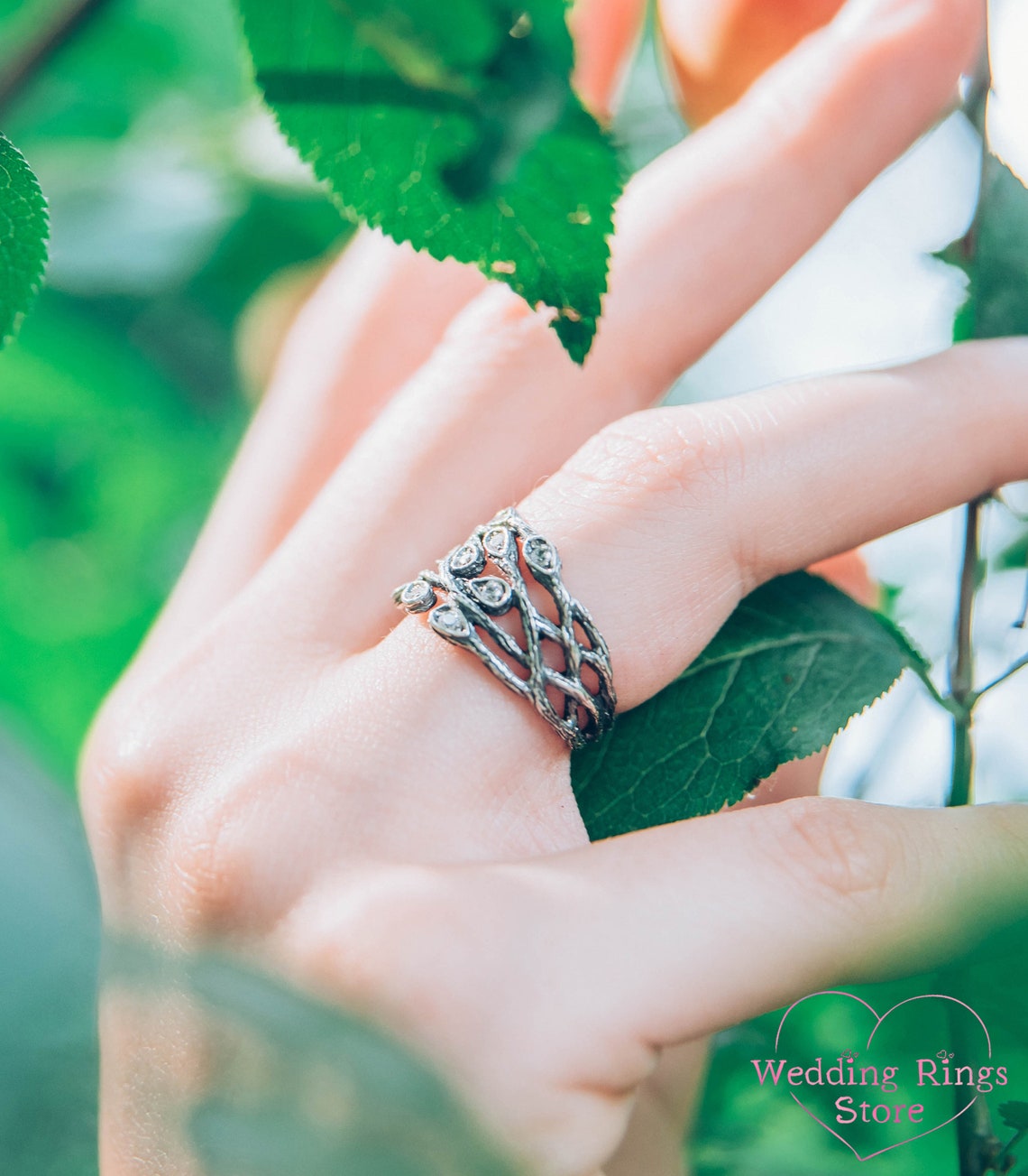 Wide Braided Branch Silver Womens Ring inspired by Nature