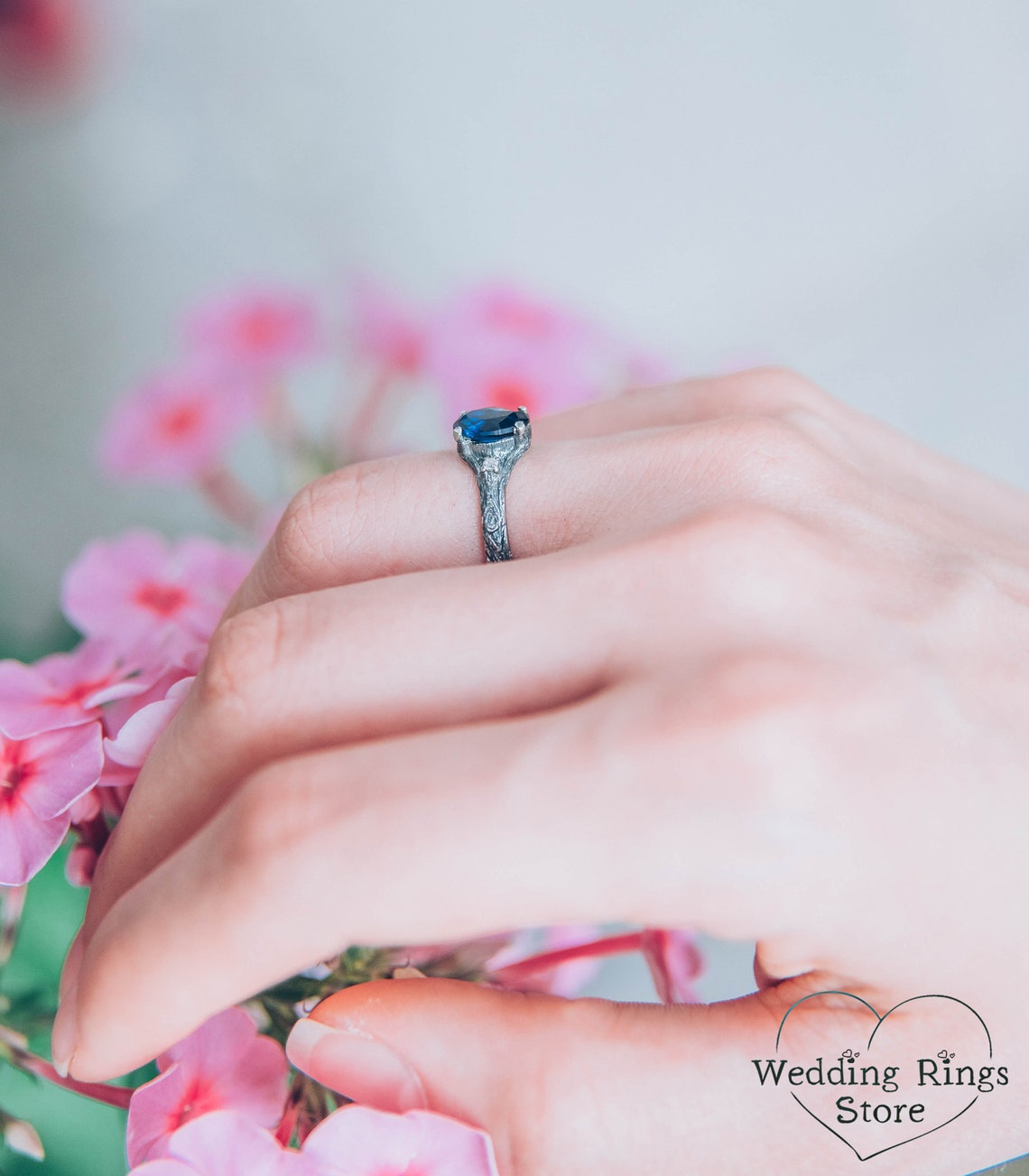 Oval Sapphire with Twig Ring made in Sterling Silver